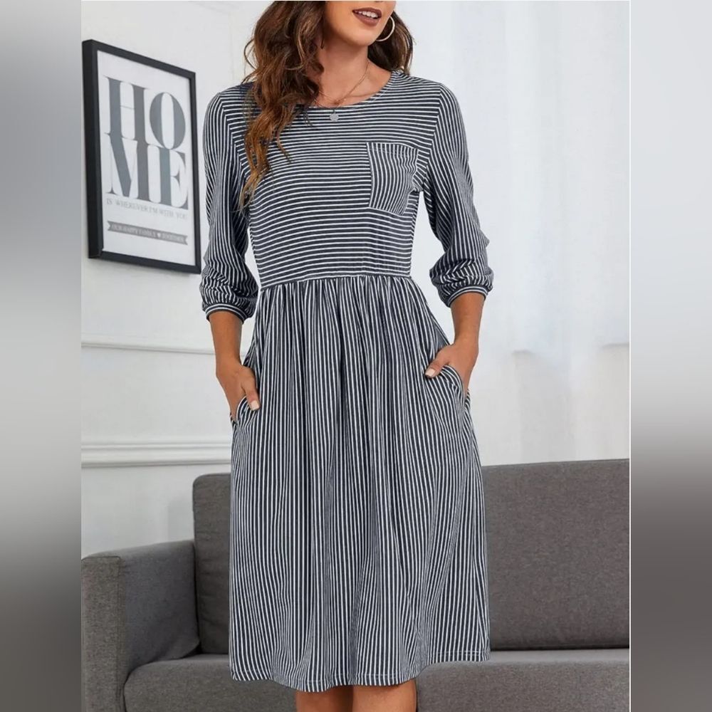 Merokeety Womans 3/4 Ballon Sleeve Striped High Waist Dress